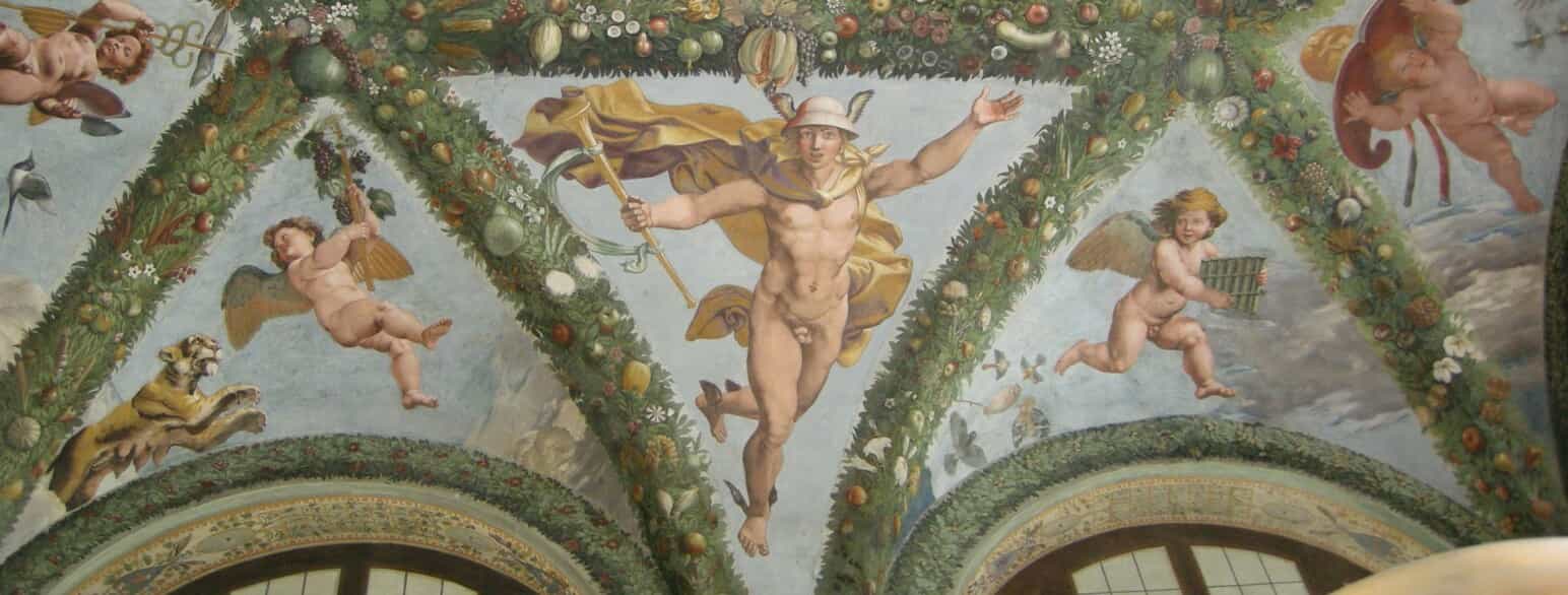 Merkur afbildet på Rafaels loftsfresko i Villa Farnesinas Loggia di Psiche i Rom (udsnit).