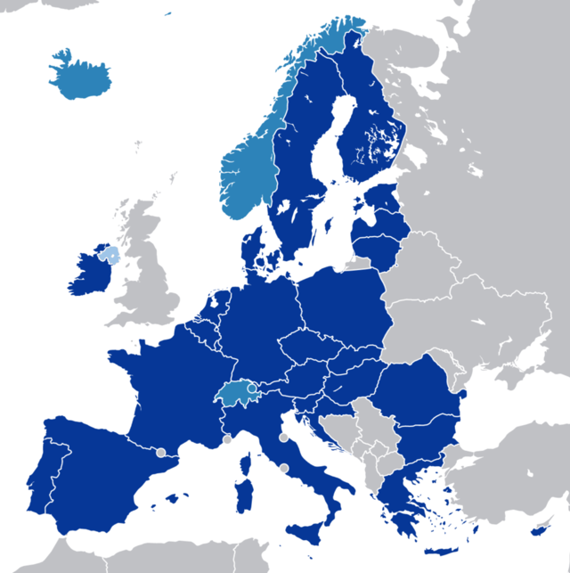 Det indre marked (mørkeblåt) samt områder med en tæt relation til det indre marked (lyseblåt)