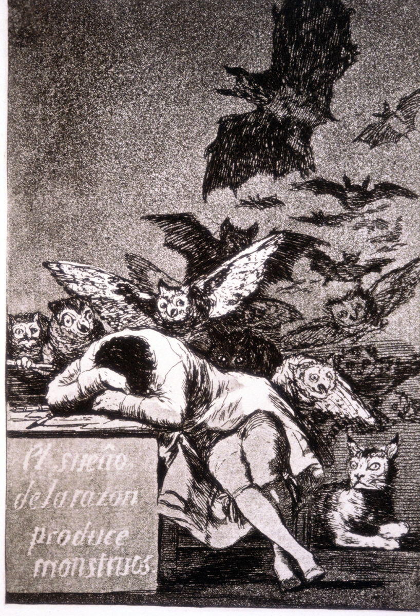 Akvatinte af Goya i serien Los Caprichos (1797). "Fornuftens søvn skaber monstrer"