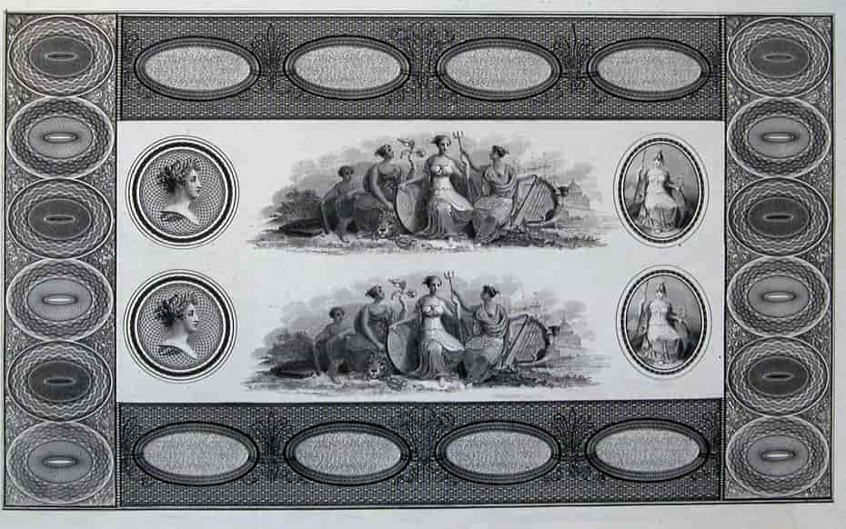 Bagsiden af en engelsk pengeseddel fra 1819 udført i sikkerhedsgrafik ved hjælp af guillochemaskiner og pantografer til gravering af de mikroskopiskke detaljer.