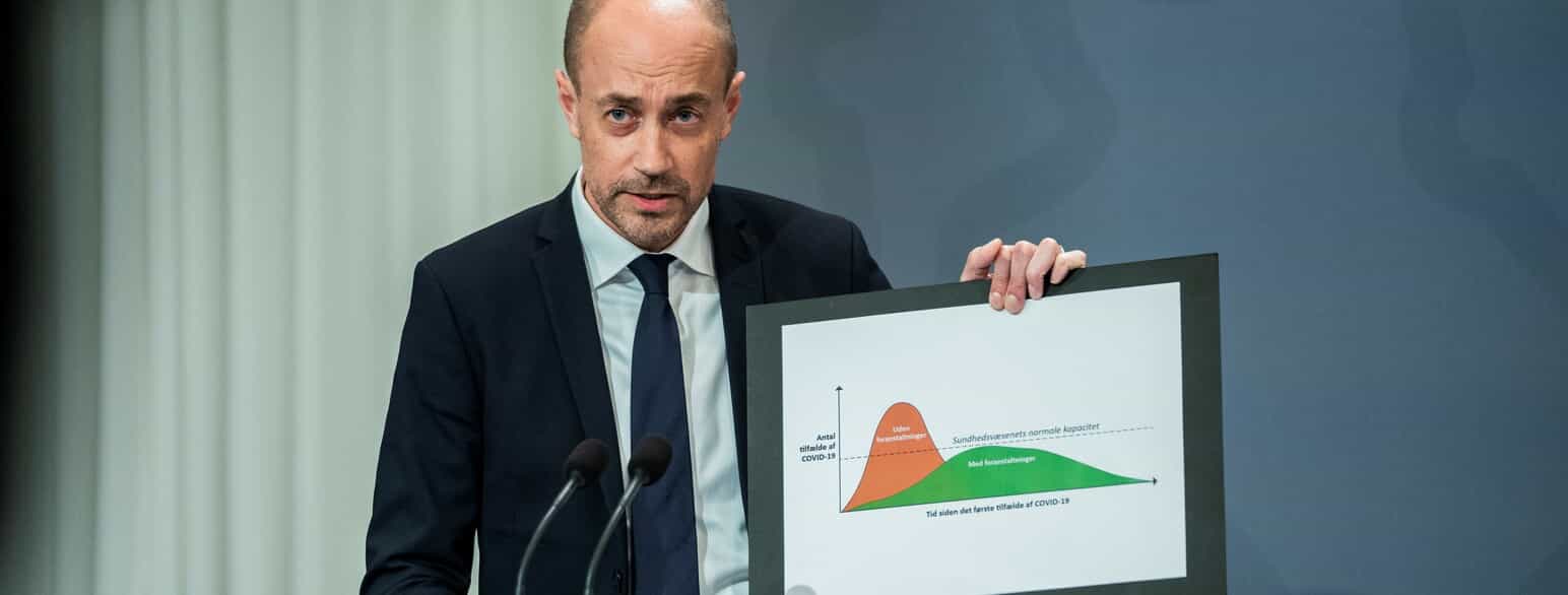Magnus Heunicke på et pressemøde 10. marts 2020 under coronavirus-pandemien. Ministeren viser en figur, der illustrerer forskellen på spredning af COVID-19 ved henholdsvis kontrolleret smitte (den grønne kurve) og ukontrolleret smitte (den orange kurve).