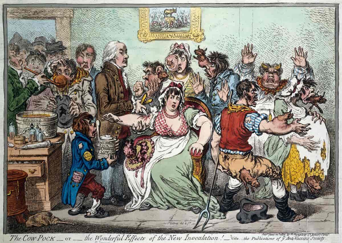 The Cow Pock. Karikaturtegning af lægen Edward Jenner i færd med at vaccinere patienter mod koppevirus