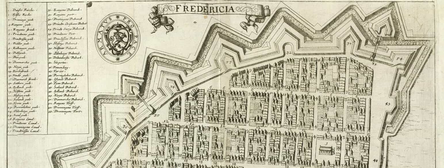 Kort over Fredericia udarbejdet til Peder Hansen Resens Atlas Danicus fra 1677