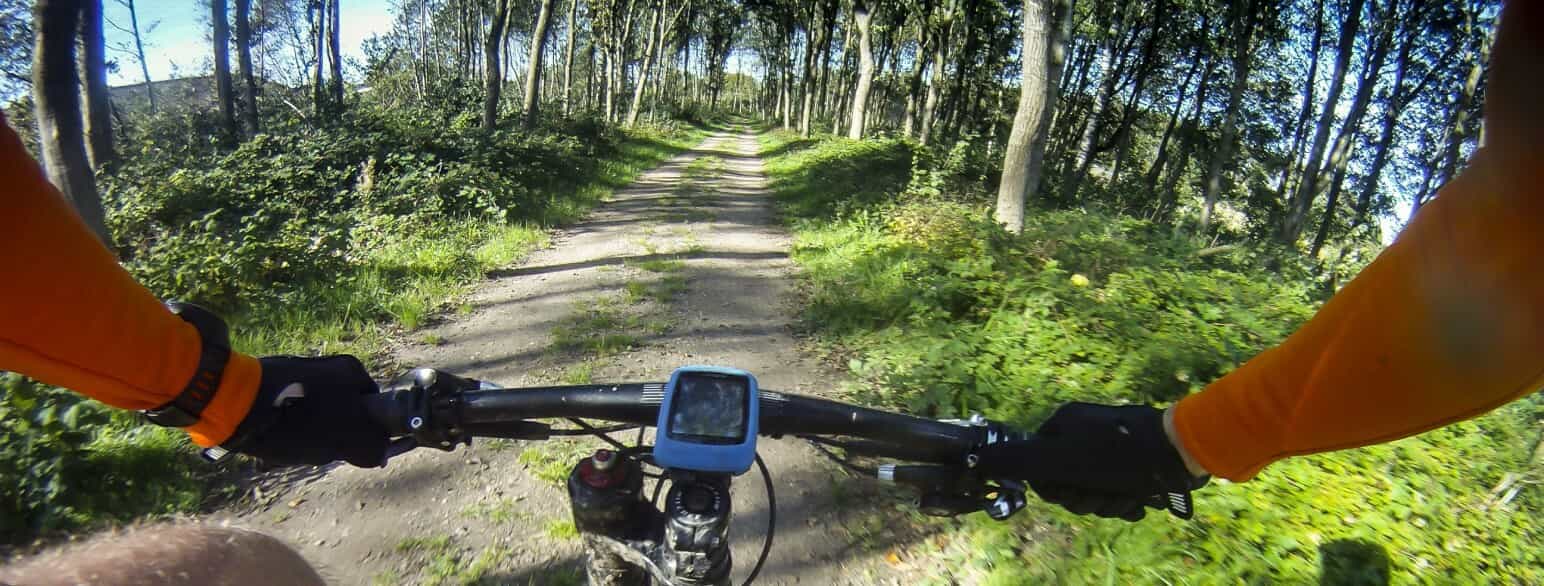 Mountainbiken suser ud ad en lille skovvej ved Dalby