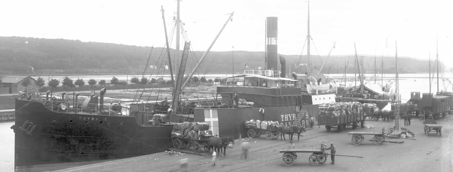 Fragtskibet Thyra er kommet sikkert i havn med sin last af bomuld til A/S Vejle Bomuldsspinderi i 1917