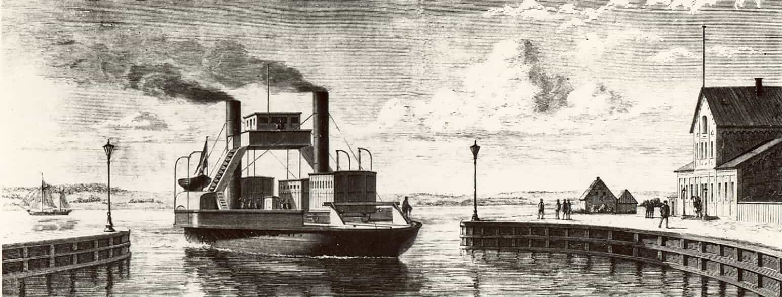 Træsnit bragt i Illustreret Tidende i 1872 af Hjuldamperen Lillebelt under indsejling til havnen i Strib