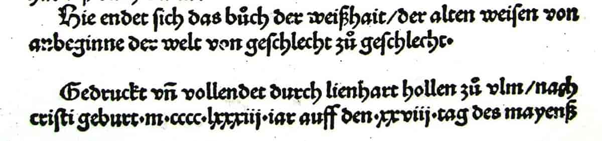 Kolofonen i bogen "Buch der Weisheit", dateret 28. maj 1484.