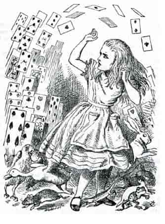 Illustration fra Alice in Wonderland: "You're nothing but a pack of cards!" 