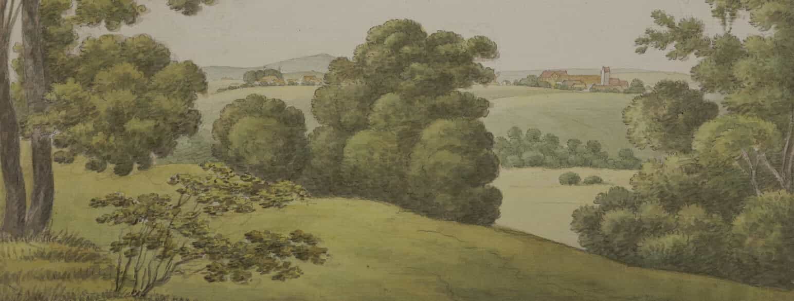 Herregården Bjergbygår ses i baggrunden på denne akvarel af O.J. Rawert fra 1820
