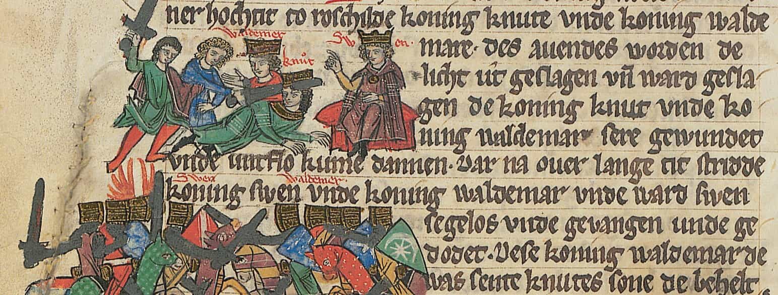 I dette udsnit af det illuminerede håndskrift, Sächsische Weltchronik, fra omkring 1270 findes en dramatisk fremstilling af Roskilde Blodgilde i 1157