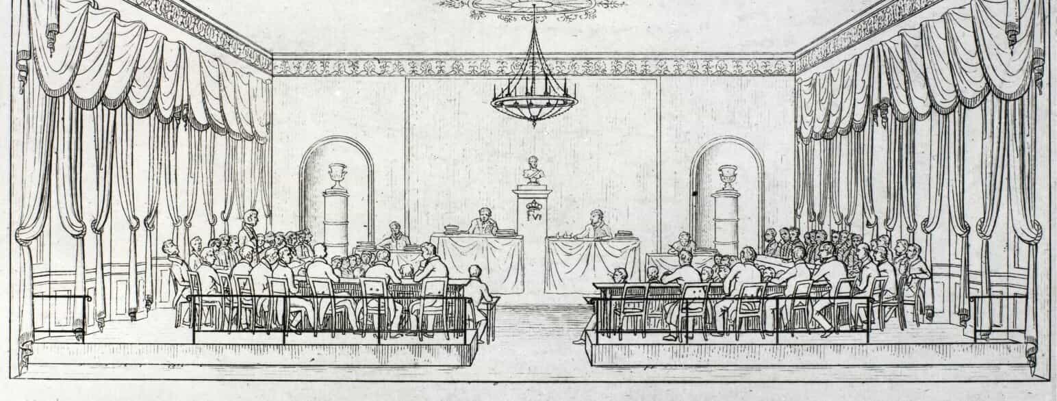 Tegning af et møde i Stænderforsamlingen i Roskilde udført af Vilhelm Pacht i 1836