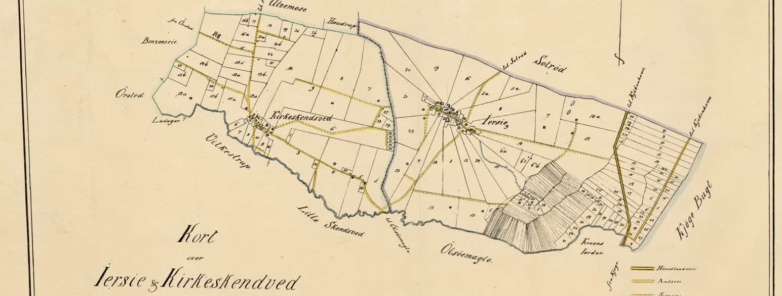 Kortet fra ca. 1850, Kort over Iersie og Kirkeskendved Pastorat, er udarbejdet af topografen S. Sterm