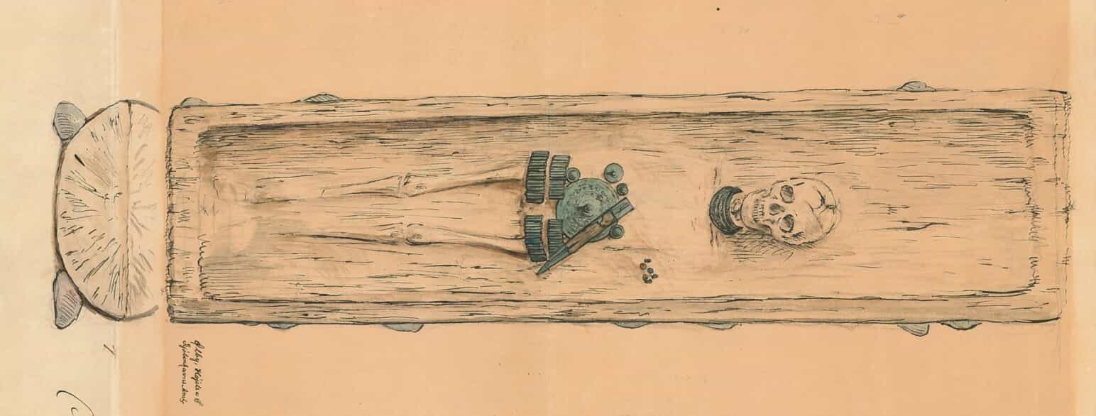 Udsnit af akvarellen En Høi ved Ølby fra 1880 af arkæologen V. Boye, som  illustrerer Ølby kvindens gravlæggelse
