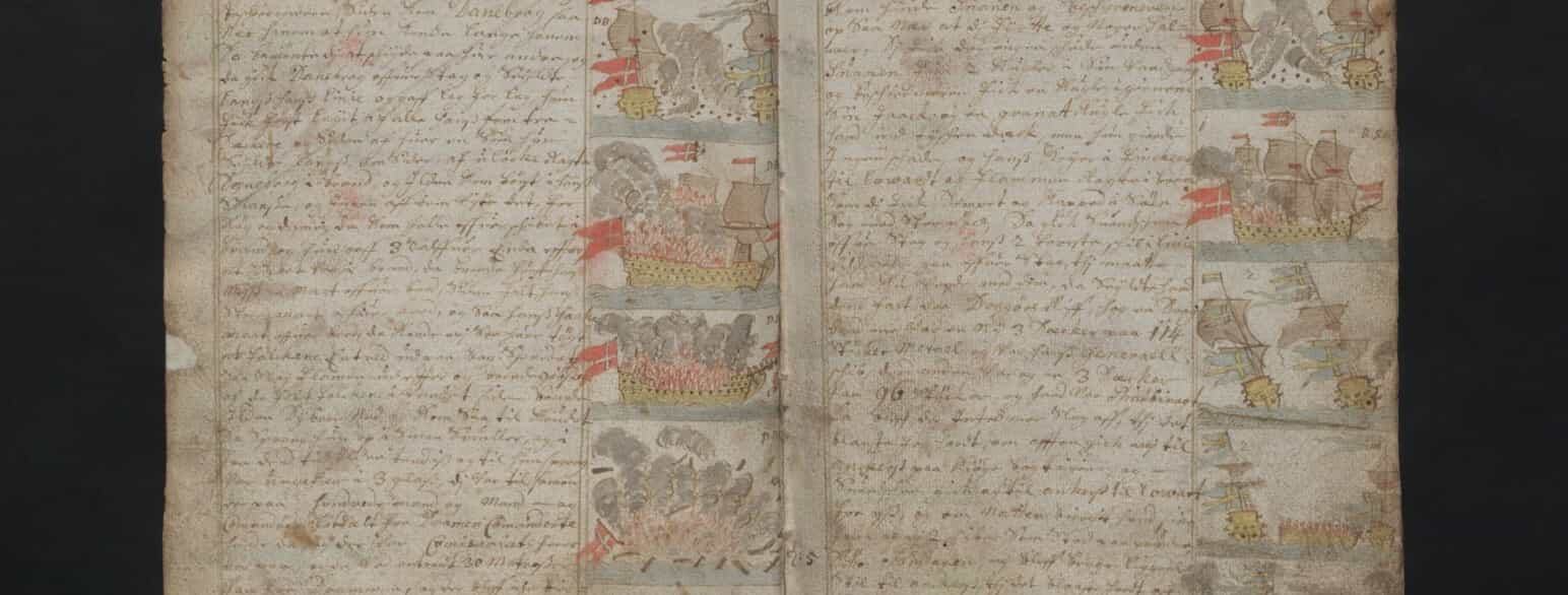 Opslag fra den norske matros Nils Trosners dagbog, hvori han bl.a. beskrev slaget i Køge Bugt I 1710 