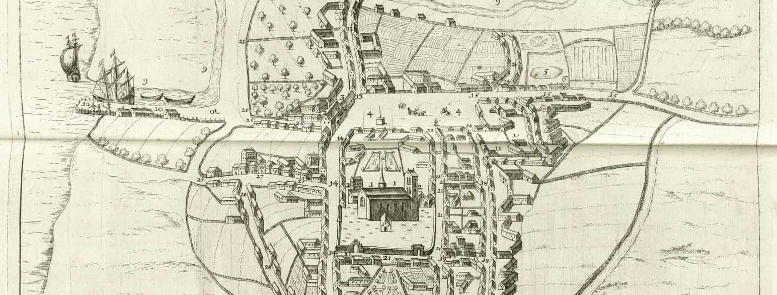 Peder Hansen Resens kort over Køge fra 1677