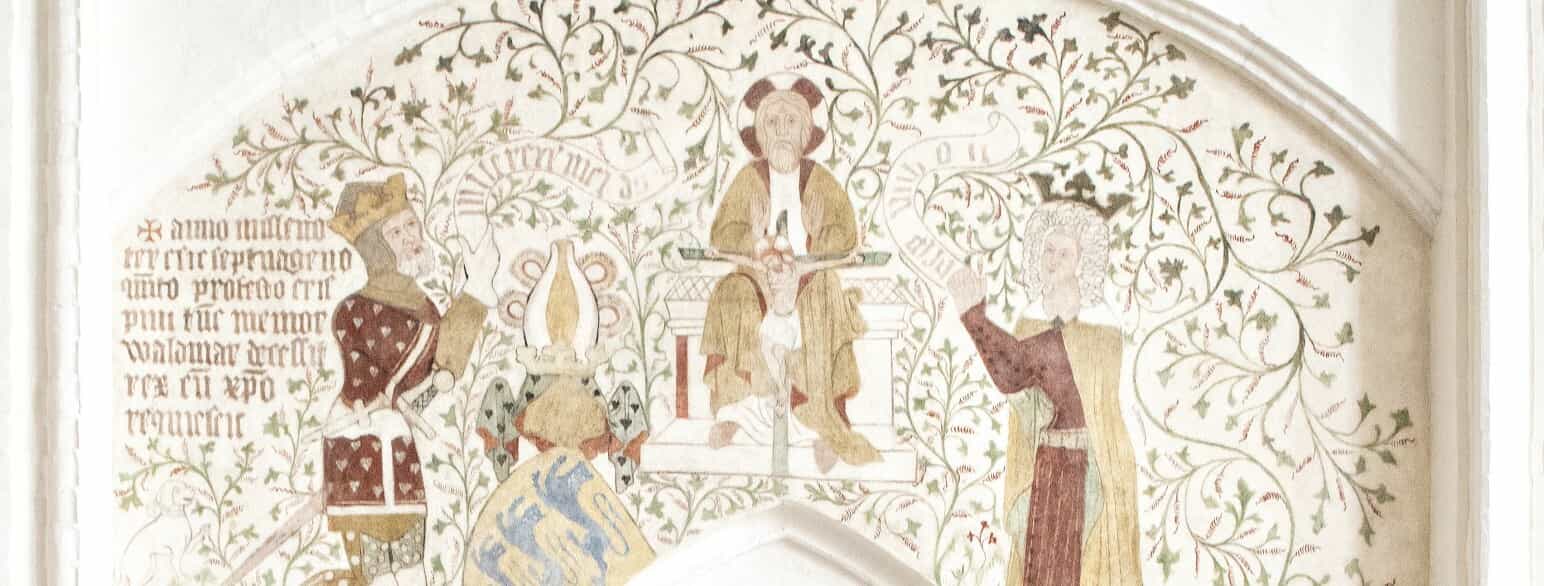 På nordvæggen i Sankt Peders Kirke i Næstved findes denne imponerende fremstilling fra ca. 1375