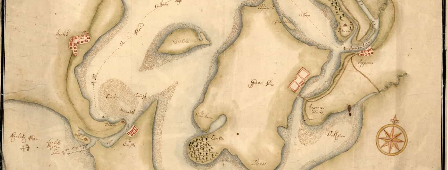 Dette kort med titlen Carte Over Strømen fraa Nestved til Karbeks Mynde stammer fra år 1700 og er udarbejdet af søkortdirektør Jens Sørensen