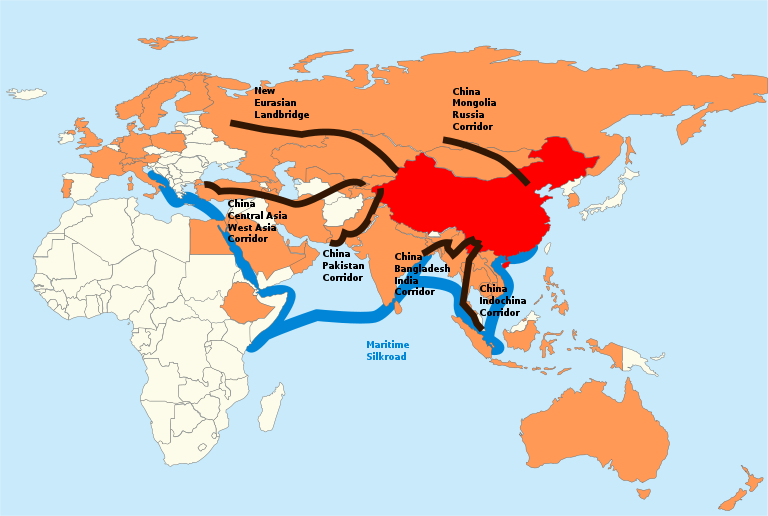 Kina i rødt. Medlemmer af "Asian Infrastructure Investment Bank" er markeret med orange. "Silkevejen" over land er markeret med sort streg. "Silkevejen" over vand er markeret med blå streg,.