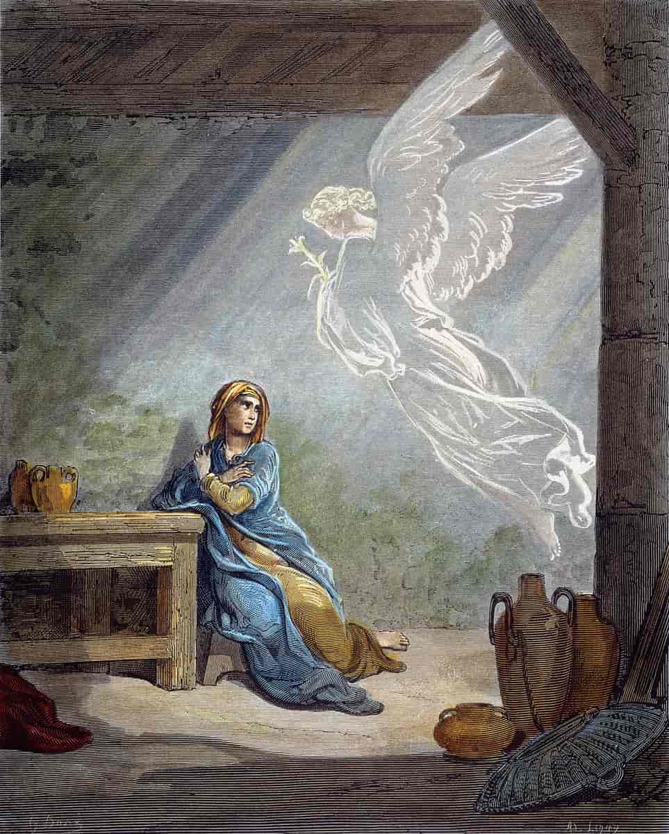 Ærkeenglen overbringer jomfru Maria budskabet. Træsnit af Paul Gustave Doré (1832-1883). 