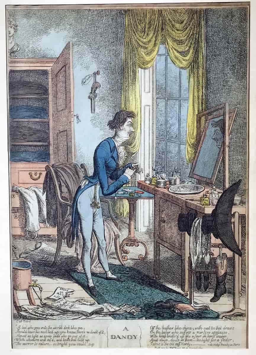 En dandy. Håndkoloreret radering fra år 1800 af George Woodward (1760-1809)