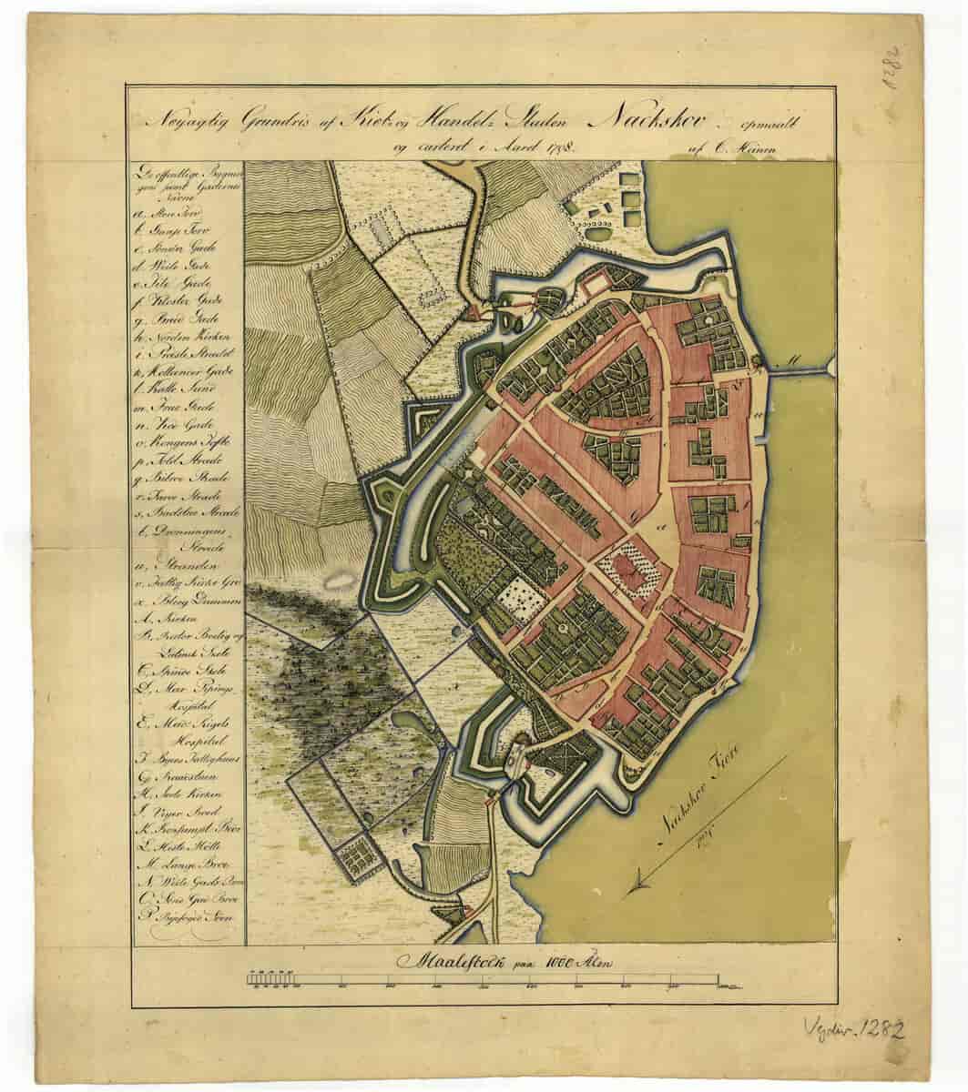 Nøyagtig Grundris af Kiøb- og Handels Staden Nackskov opmaalt og carteret i Aaret 1798