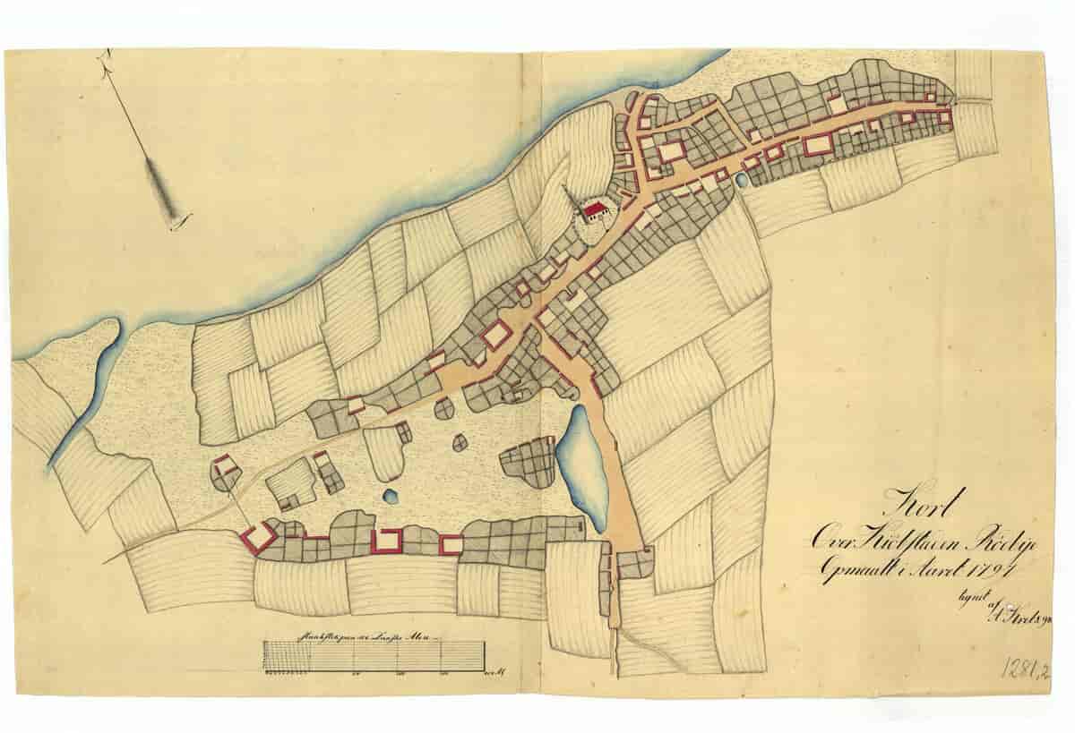Kort over Kiøbstaden Rødbye Opmaalt i Aaret 1797