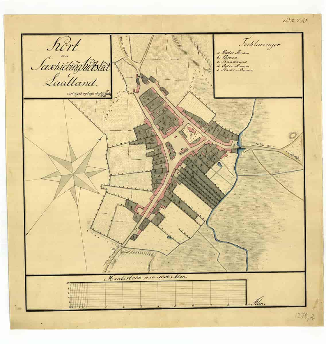 Kort over Saxkiøbing Kiøbstad i Laalland, optaget og tegnet i 1798