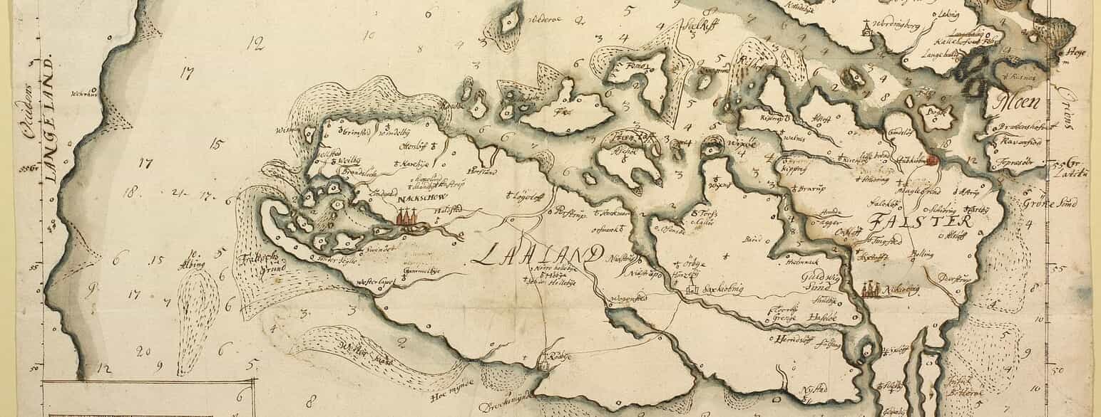 Udsnit af kort fra Resens Atlas med bl.a. Lolland og Falster