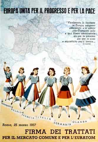 Italiensk plakat fra 1957, som fejrer etableringen af fællesmarkedet og Euratom