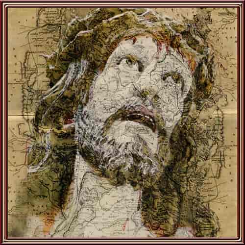 Jesus på baggrund af et kort over Palæstina i første århundrede efter Kristus 