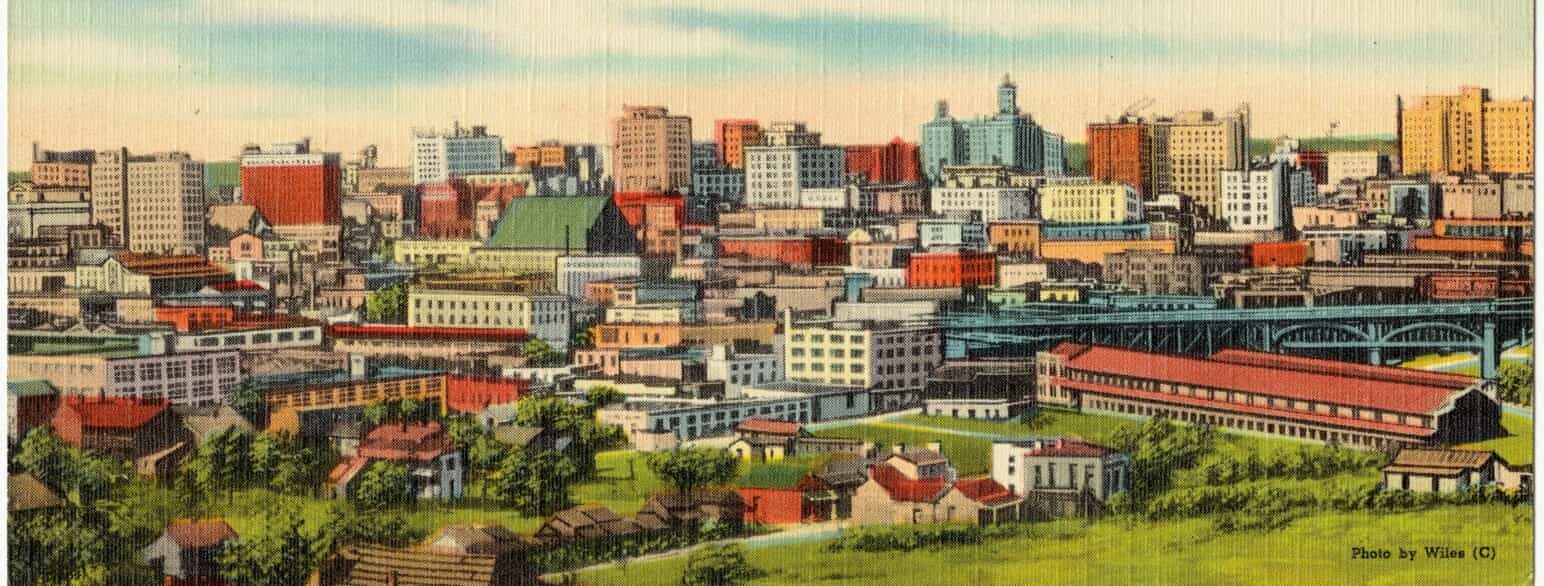 Nashvilles skyline, afbilledet på postkort fra 1940'erne. Nashville er hovedstaden i Tennessee.