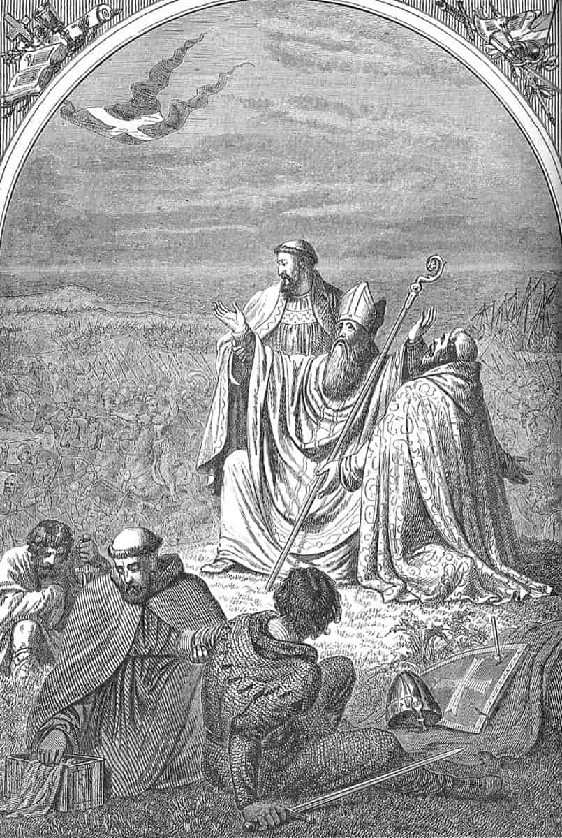 Anders Sunesen under Slaget ved Lyndanise 1219. Dannebrog falder fra himlen.