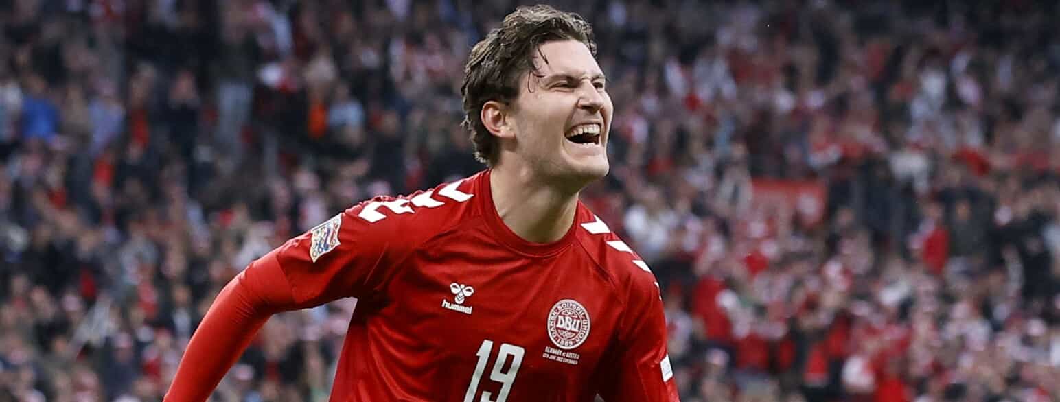 Jonas Wind jubler over sit mål til 1-0 i Nations League-kampen mellem Danmark og Østrig den 13. juni 2022