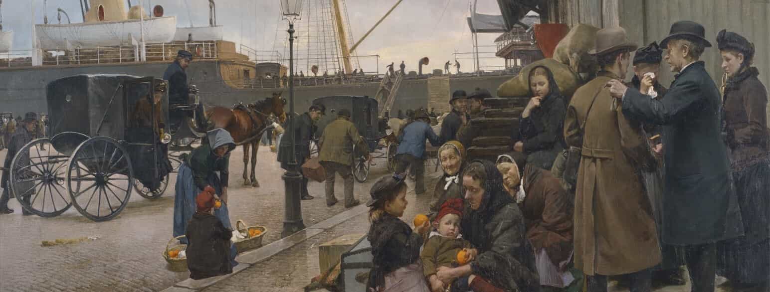 Edvard Petersens ikoniske maleri Udvandrere på Larsens Plads (1890)