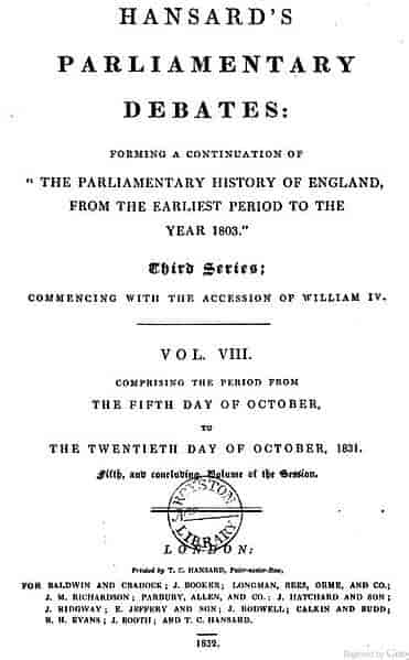 Titelblad fra Hansard, perioden 5. oktober til 20. oktober 1831.