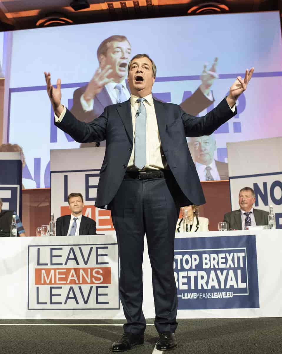 Nigel Farage under Brexit-kampagnen "Leave means leave" i 2018.