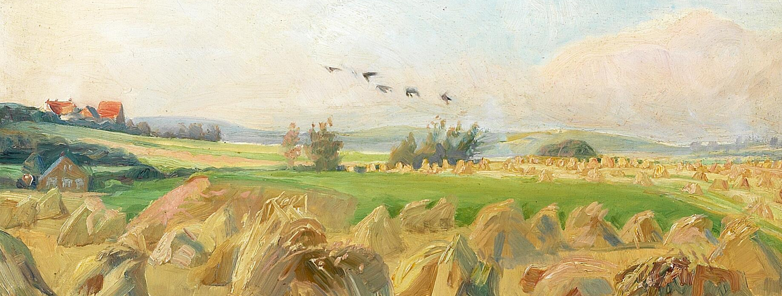 Landskab med kornmark og høns, ca. 1923.