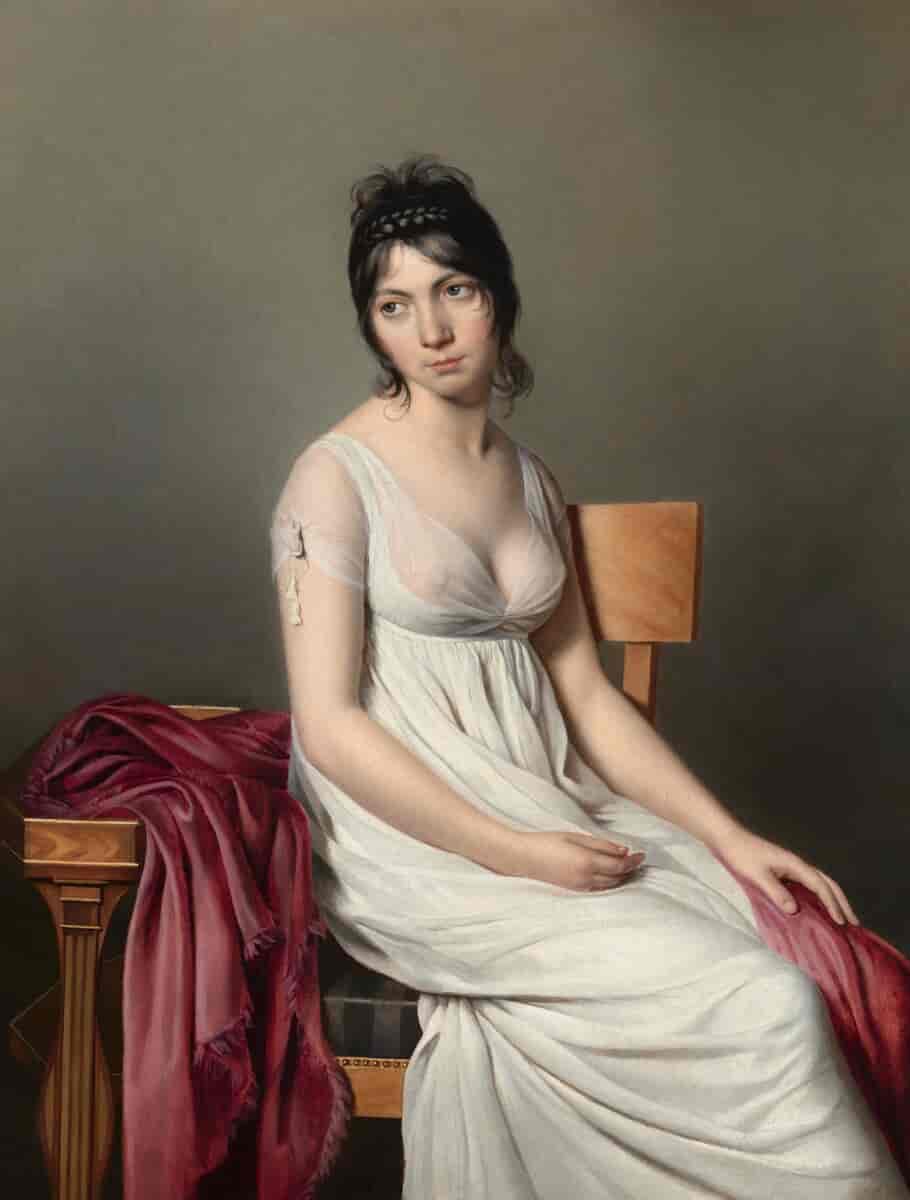 Ung kvinde iført chemise i les merveilleuses-stil c. 1798.