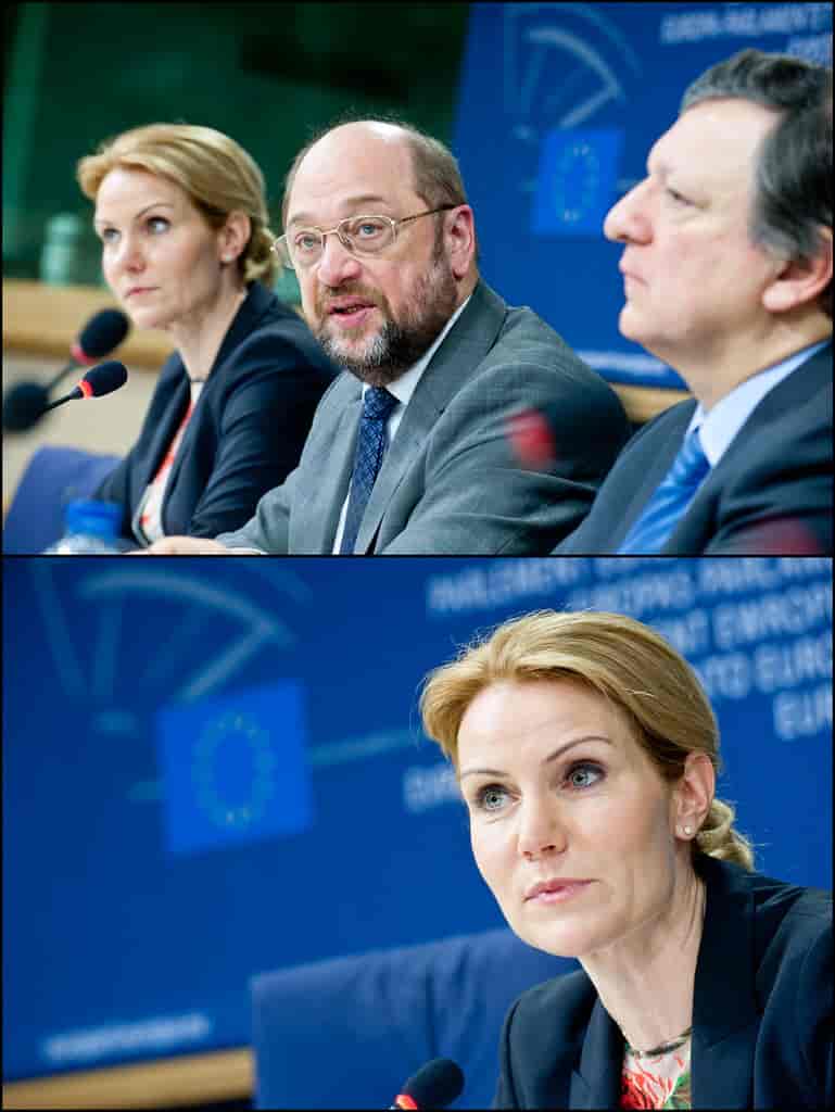 Daværende statsminister Helle Thorning-Schmidt ved en pressekonference under det danske EU-formandskab i 2012. På øverste billed er også Europa-Parlamentets formand, Martin Schulz, og Kommissionens formand, José Manuel Barroso