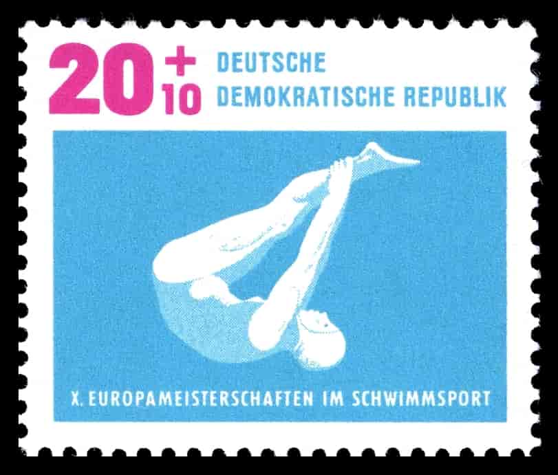 DDR kunne ikke klare Vesttyskland i den økonomiske konkurrence. Til gengæld søgte man at vinde i den sportslige konkurrence. Hertil anvendtes også ulovlige medikamenter. Frimærket er fra 1962.