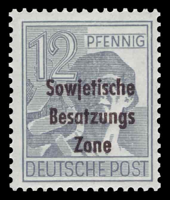 Frimærke fra 1948 - året før, at DDR blev etableret. I Forbundsrepublikken fortsatte man  imidlertid med at henvise til DDR som 'den sovjetiske besættelseszone'. 