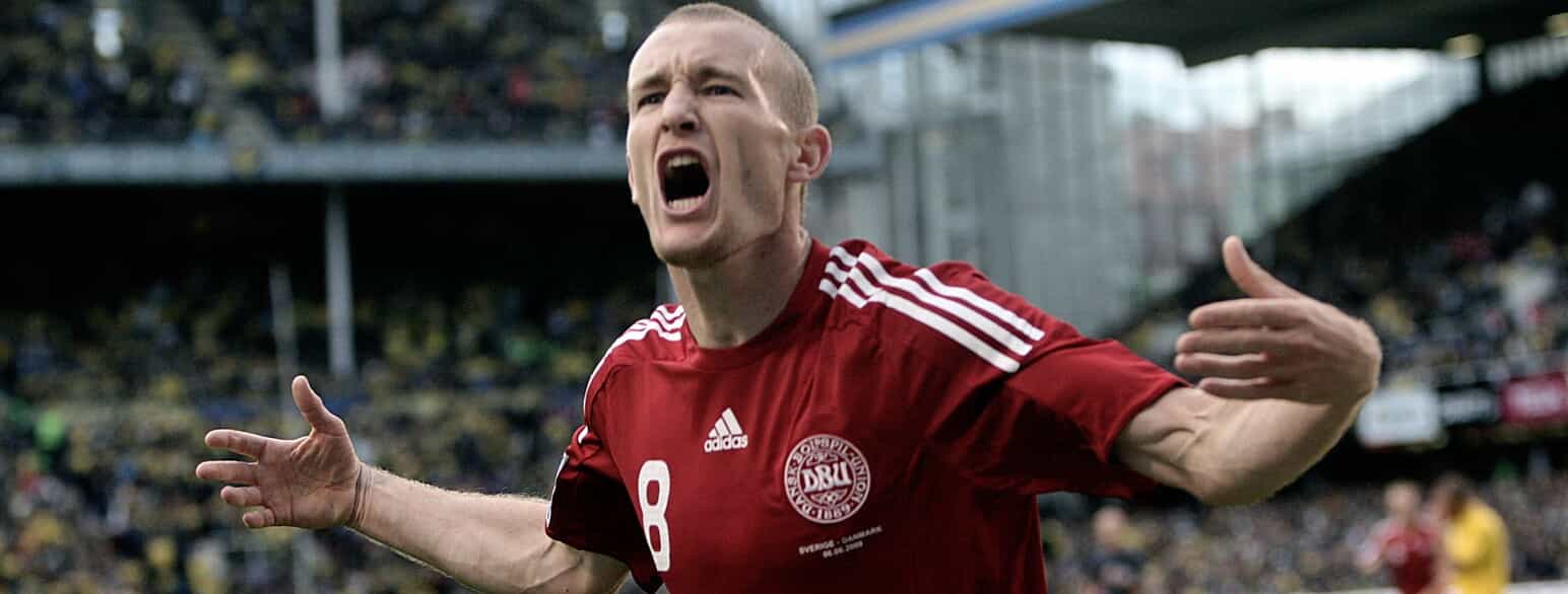 Thomas Kahlenberg jubler over sit mål i Danmarks VM-kvalifikationskamp mod Sverige den 6. juni 2009