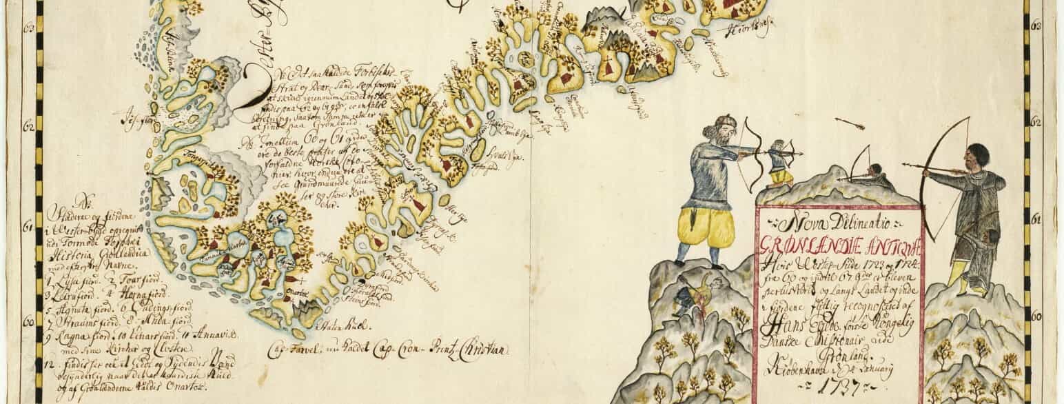 Håndkoloreret kort udført af Hans Egede i 1737. Kortlægningen af kysten og de dybe fjorde er baseret på Hans Egedes egen rekognoscering