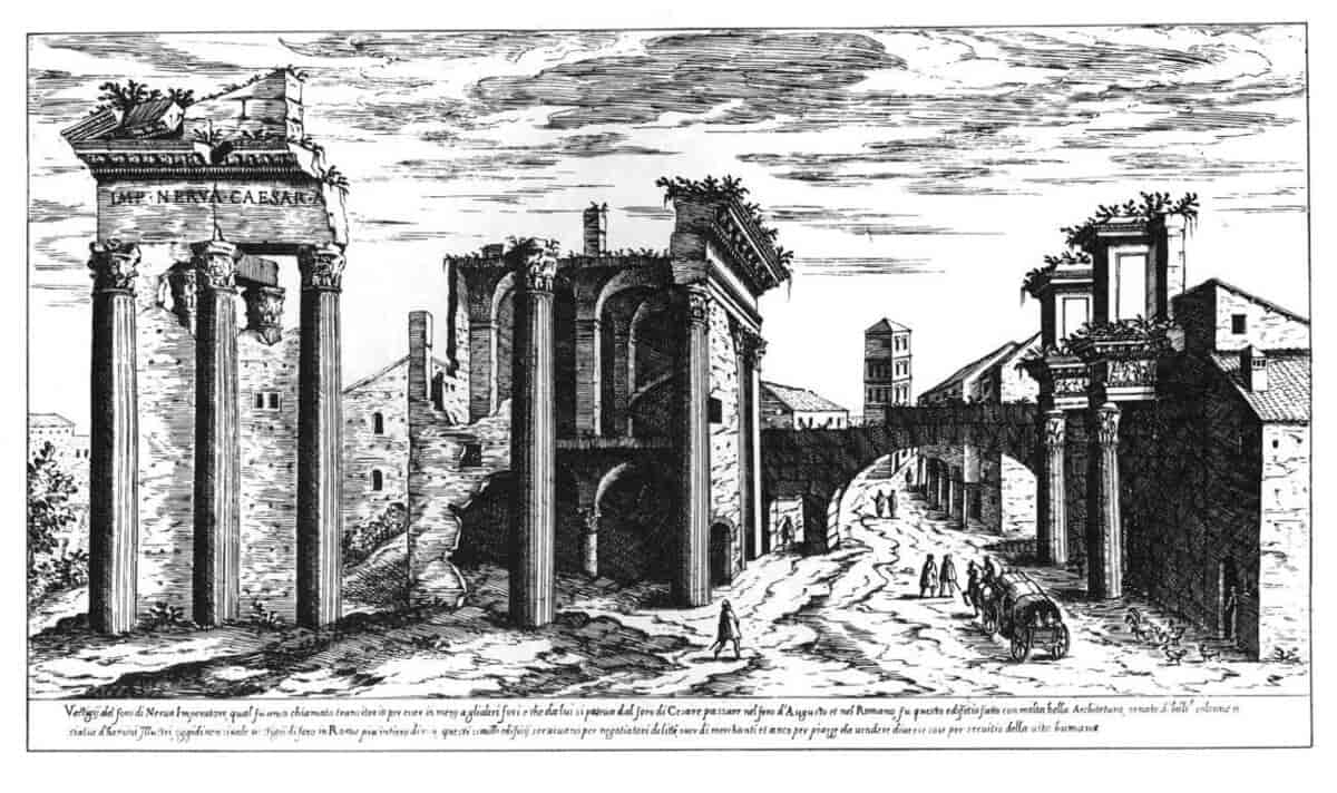 Étienne Dupérac, Ruinerne af Nervas Forum og templet til Minerva, 1575. 