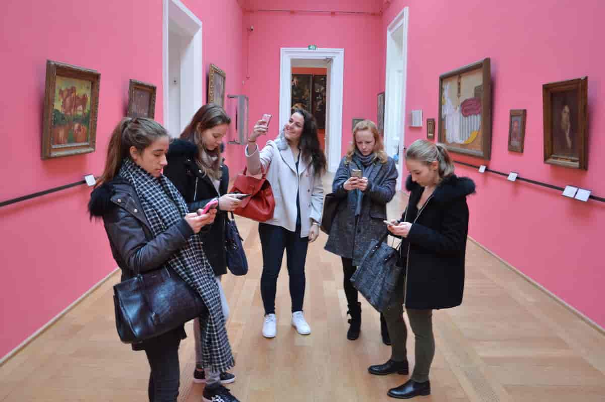 En gruppe piger fra generation Z tager billeder med deres smartphones på kunstmuseet i Lille