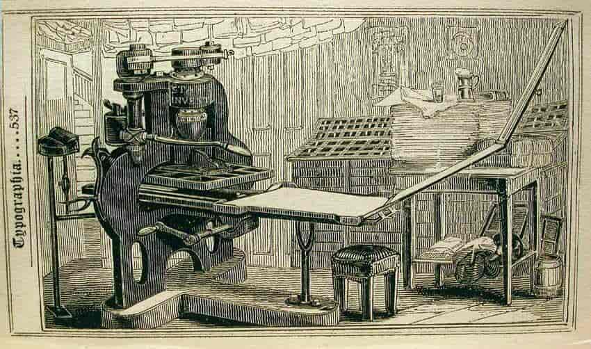 En engelsk digelpresse af fabrikatet Albion ca. 1820. Benglen stikker ud i pressens venstre side