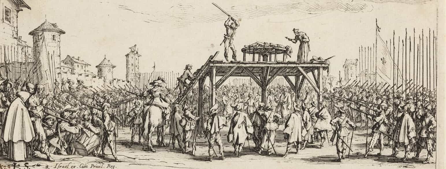 "Afstraffelsen ved radbrækning", radering af Jacques Callot, 1633