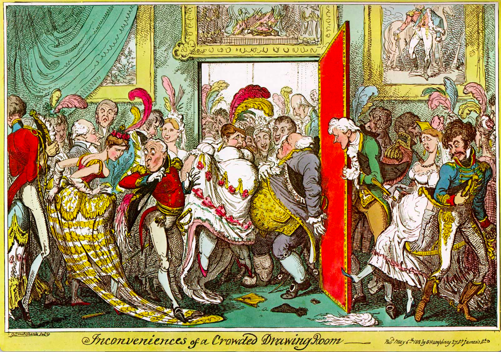 “Inconveniences of a Crowded Drawing Room” (1818, George Cruikshank)