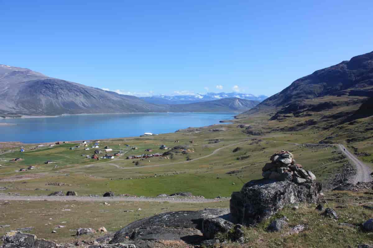 Igaliku. Oversigt over bygden Igaliku hvor det norrøne grønlandske bispesæde blev oprettet på gården Gardar ca. 1124 