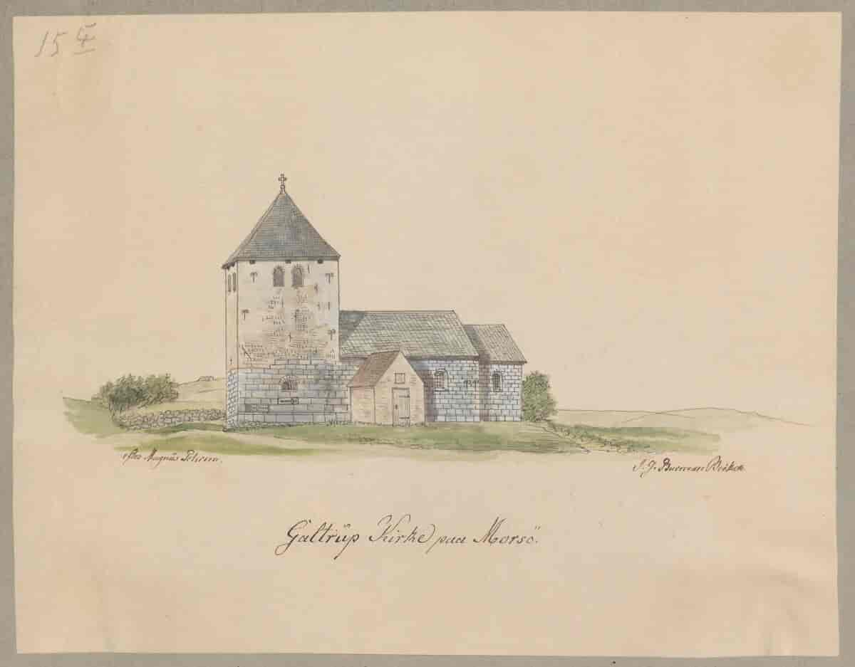 Tegning med titlen Galtrup Kirke paa Morsø, dateret til 1820-1880
